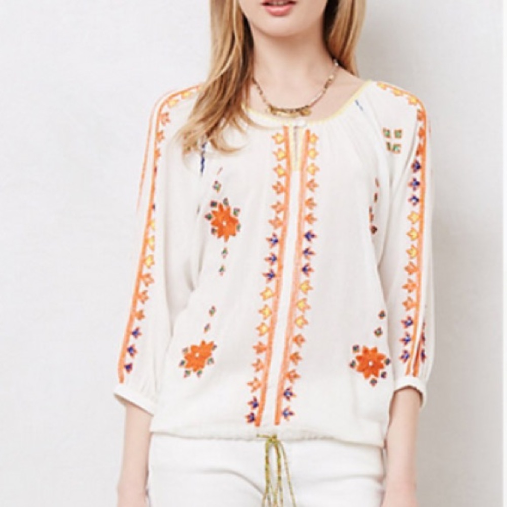 Greylin | Cream Blouse with Red and Yellow Embroidery size XS
